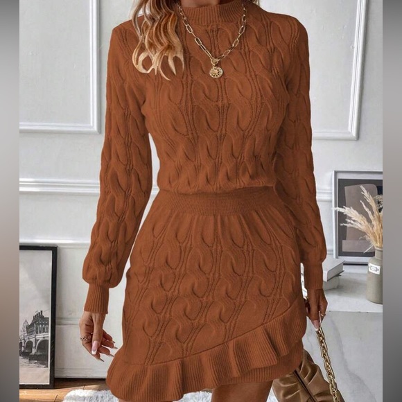 Cozy coffee brown ruffle hem cable knit sweater dress - Picture 9 of 16